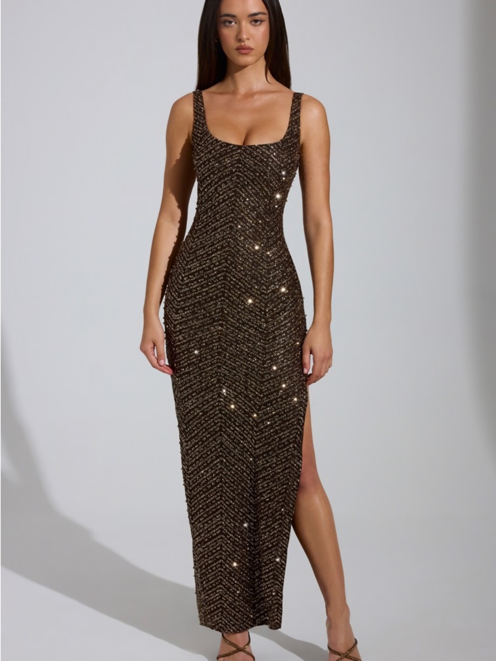 Oh Polly Brown Sequin Scoop Neck Maxi Dress with Side Slit